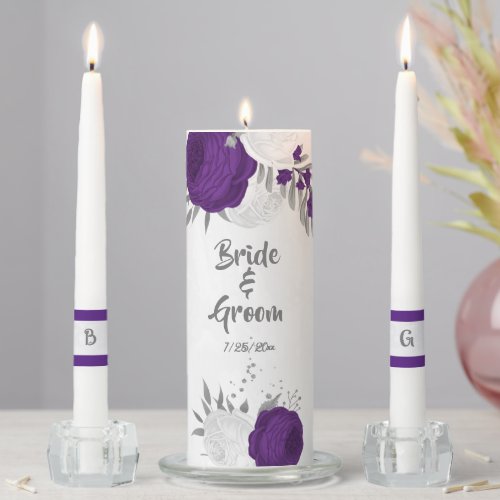 royal purple  white flowers silver wedding unity candle set