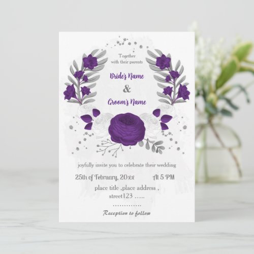 royal purple white flowers silver wreath wedding invitation