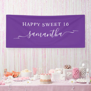 Royal Purple White Happy Sweet 16 Ribbon Name Banner