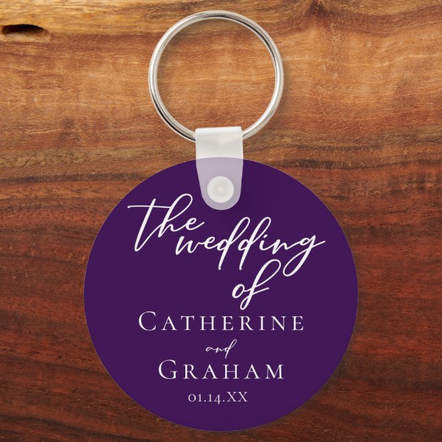 Royal Purple White Personalized Wedding Keychain (Front)