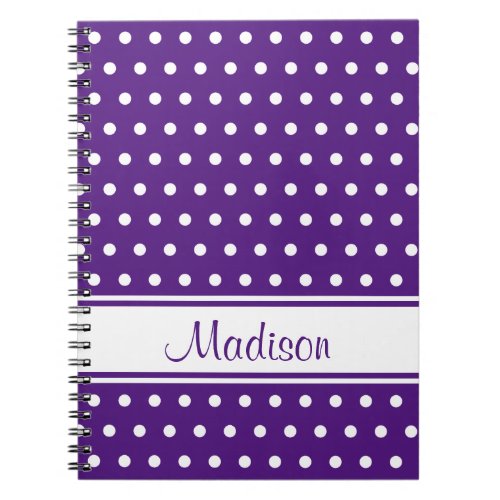 Royal Purple White Polka Dot Stripe Script Name Notebook