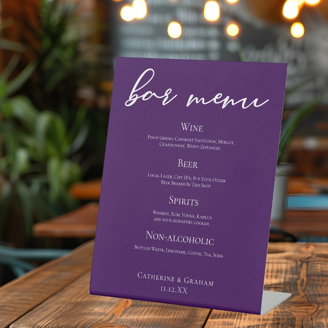 Royal Purple White Script Wedding Bar Menu Pedestal Sign (Creator Uploaded)