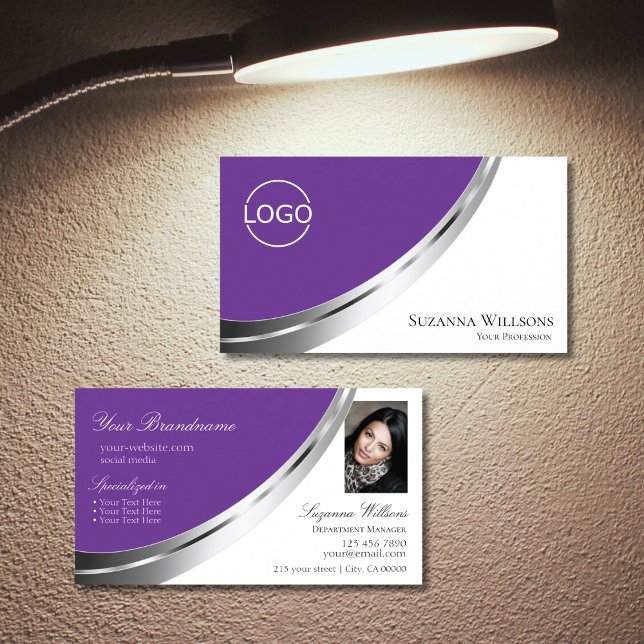 Royal Purple White Silver Decor Logo and Photo Business Card (Creator Uploaded)