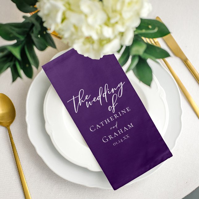 Royal Purple White Typography Personalized Wedding Cloth Napkin (Creator Uploaded)