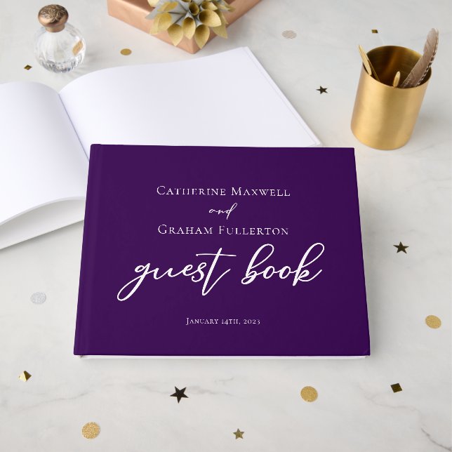 Royal Purple White Typography Personalized Wedding Guest Book (Front Open)