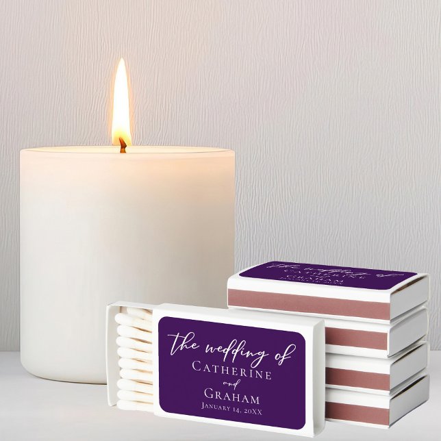 Royal Purple White Typography Personalized Wedding Matchboxes (Creator Uploaded)