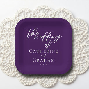 Royal Purple White Typography Personalized Wedding Paper Plates