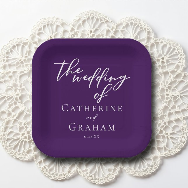 Royal Purple White Typography Personalized Wedding Paper Plates (Creator Uploaded)