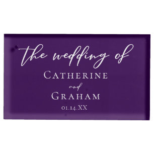 Royal Purple White Typography Personalized Wedding Place Card Holder