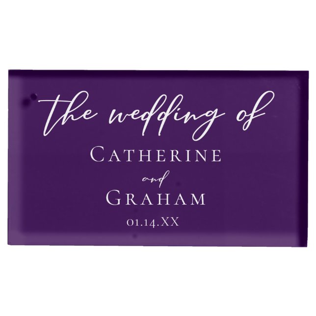 Royal Purple White Typography Personalized Wedding Place Card Holder (Front)