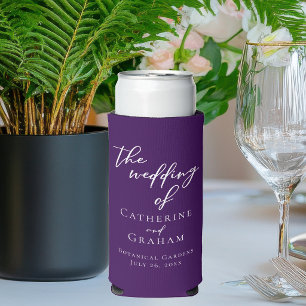 Royal Purple White Typography Personalized Wedding Seltzer Can Cooler