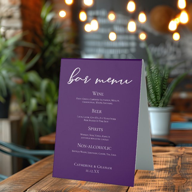 Royal Purple White Wedding Bar Menu Table Tent (Creator Uploaded)