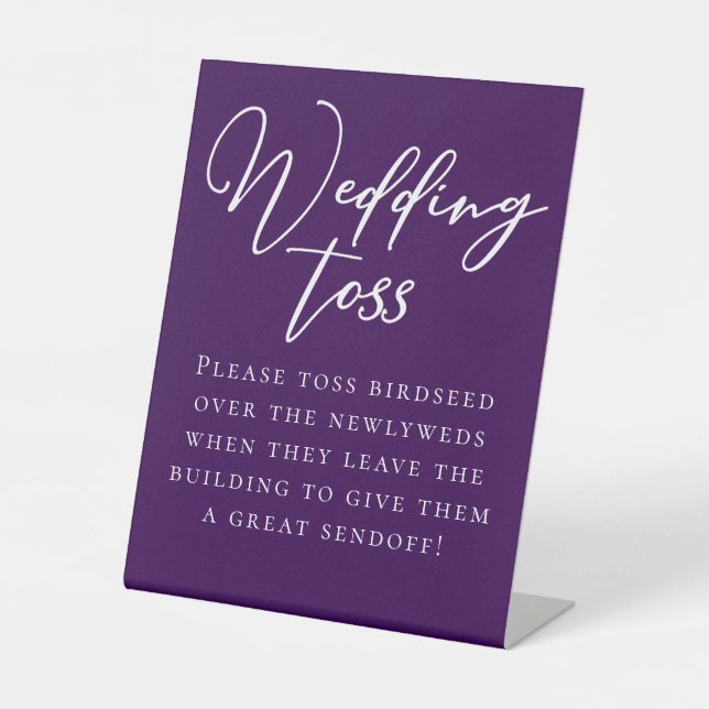 Royal Purple White Wedding Birdseed Toss Pedestal Sign (Front)