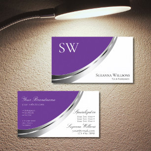 Royal Purple White with Silver Decor and Monogram Business Card