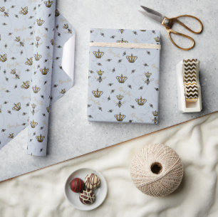 Royal Queen Bee Gold Crown Blue Wrapping Paper