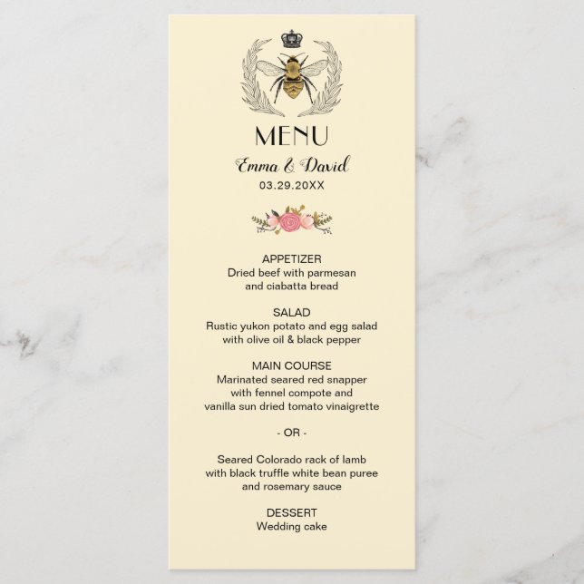 Royal Queen Bee Laurel Wreath Floral Wedding Menu (Front)