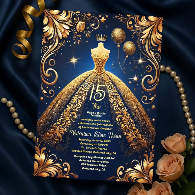 Royal Quinceañera Gold and Navy Princess Theme Invitation (Creator Uploaded)