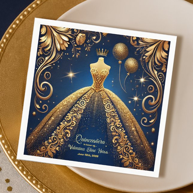 Royal Quinceañera Gold and Navy Princess Theme Napkins (Creator Uploaded)