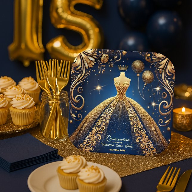 Royal Quinceañera Gold and Navy Princess Theme Paper Plates (Creator Uploaded)