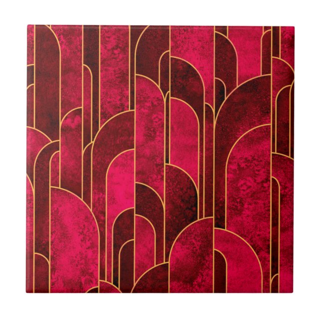 Royal Red and Gold Art Deco Pattern Ceramic Tile (Front)