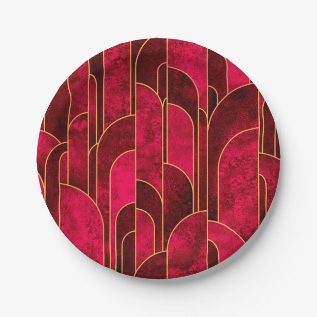 Royal Red and Gold Art Deco Pattern Paper Plates (Front)