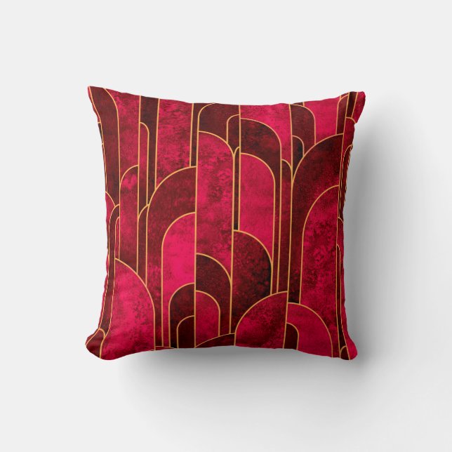Royal Red and Gold Art Deco Pattern Throw Pillow (Front)