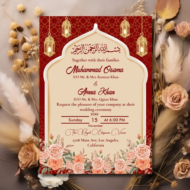 Royal Red and Gold Floral Islamic Muslim Wedding Invitation (Creator Uploaded)