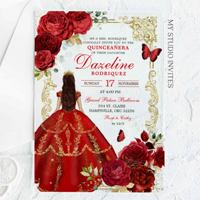 Royal Red and Gold Princessa Quinceañera Acrylic Invitations (Creator Uploaded)
