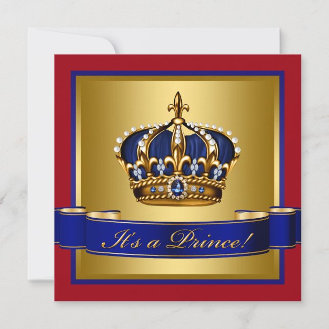 Royal Red Blue and Gold Crown Prince Baby Shower Invitation (Front)