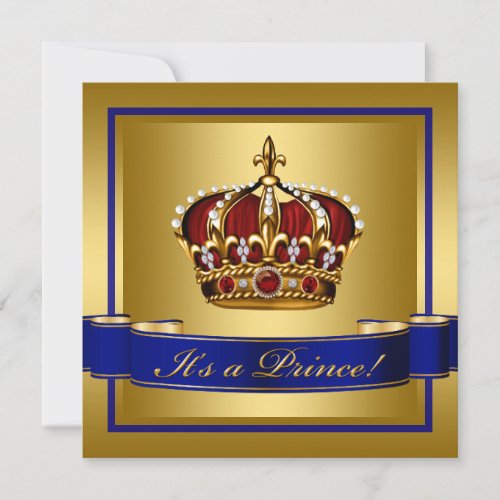 Royal Red Blue and Gold Crown Prince Baby Shower Invitation
