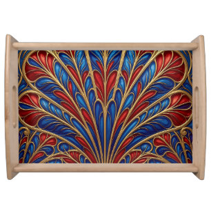 Royal Red Blue Gold Ornate Peacock Fan Pattern Serving Tray