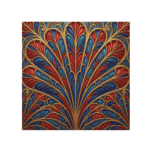 Royal Red Blue Gold Ornate Peacock Fan Pattern Wood Wall Art