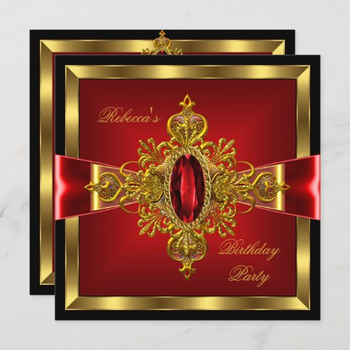 Royal Red Diamond Gold Bow Black Birthday Party Invitation