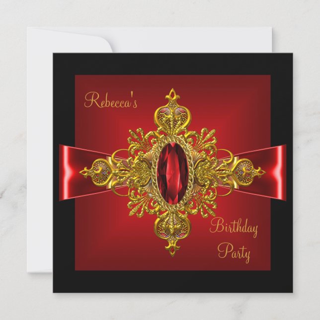 Royal Red Diamond Jewel Gold Bow Black 2 Invitation (Front)