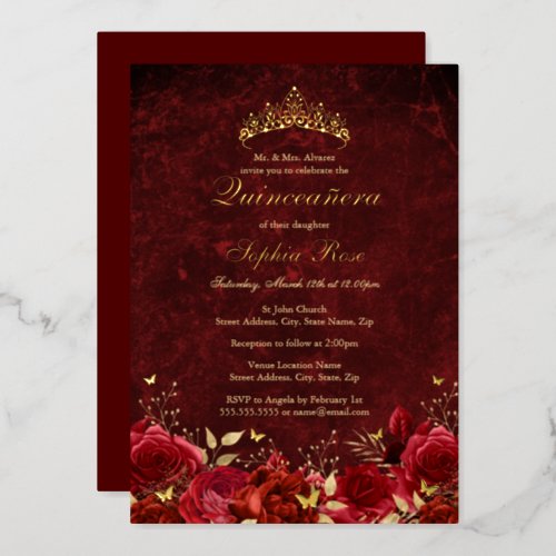 Royal Red Floral Butterfly Tiara Quinceanera Foil Invitation