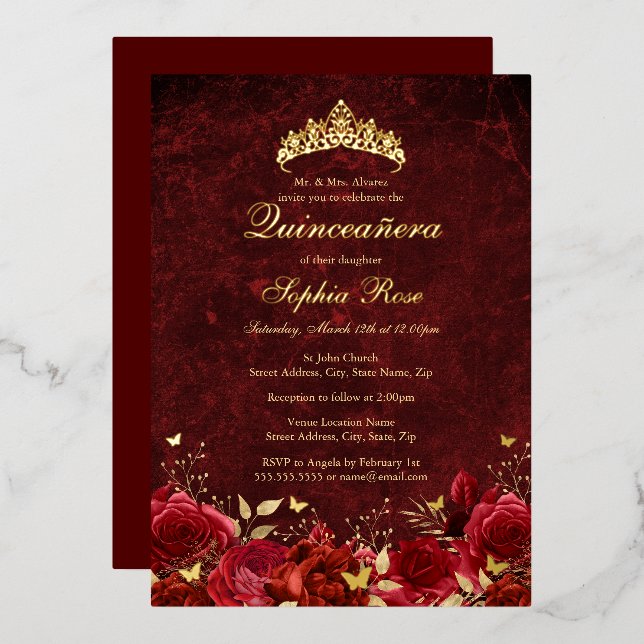 Royal Red Floral Butterfly Tiara Quinceanera Foil Invitation (Front/Back)