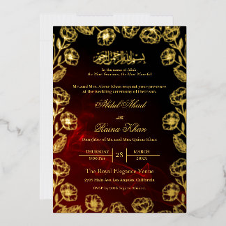 Royal Red Floral Gold Foil Muslim Wedding Invitation