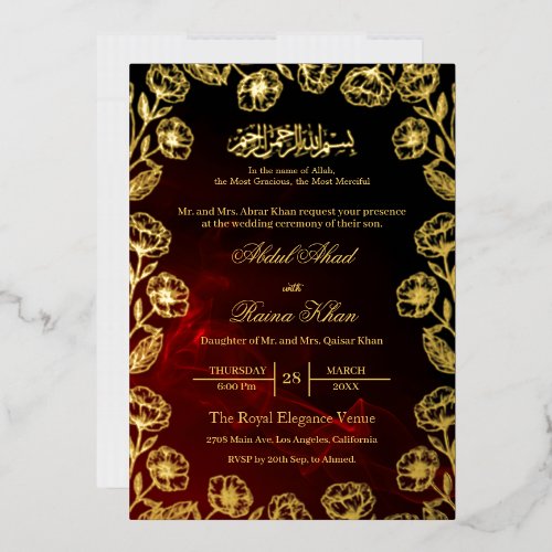 Royal Red Floral Gold Foil Muslim Wedding Invitation