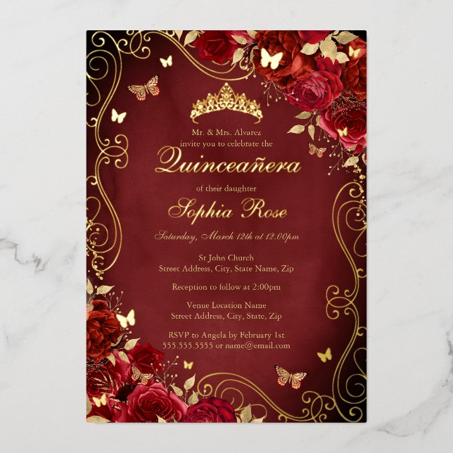 Royal Red Floral Gold Swirl Butterfly Quinceanera Foil Invitation (Front)
