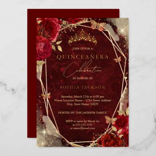 Royal Red Floral Rose Gold Tiara Quinceanera  Foil Invitation