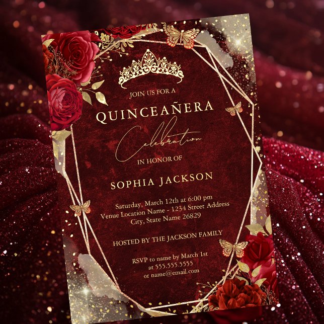 Royal Red Floral Rose Gold Tiara Quinceanera  Foil Invitation (Creator Uploaded)