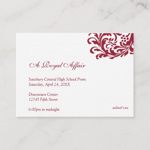 Customizable Royal red formal prom bid custom admission ticket business card templates