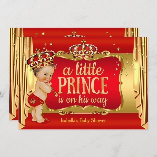 Royal Red Gold Boy Prince Baby Shower Brunette Invitation (Front/Back)