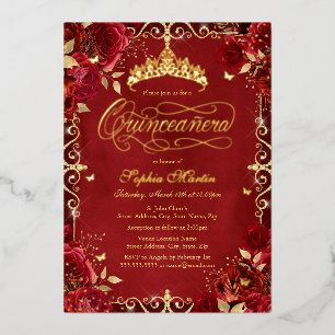 Royal Red Gold Butterfly Rose Quinceanera Foil Invitation