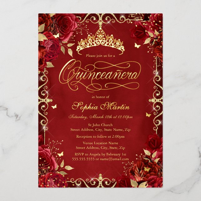 Royal Red Gold Butterfly Rose Quinceanera Foil Invitation (Front)