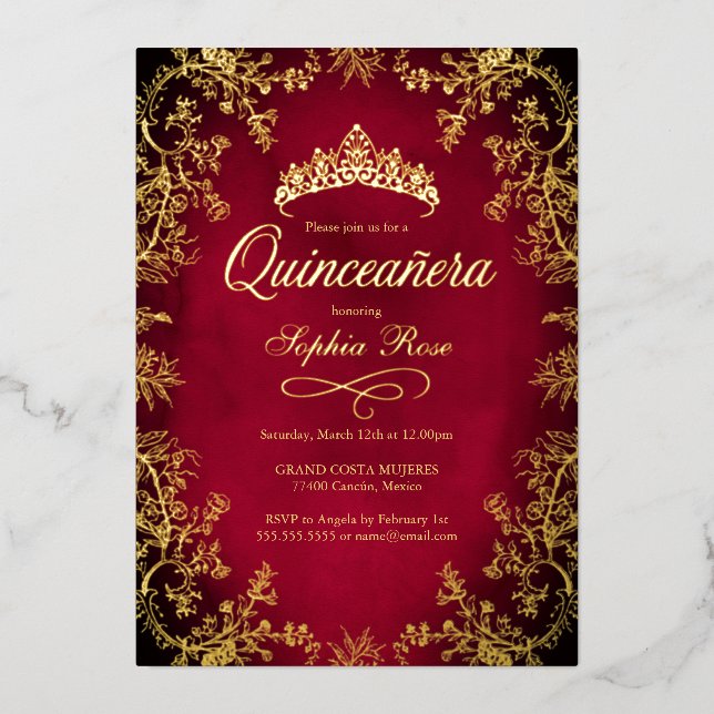 Royal Red Gold Crown Floral Quinceanera  Foil Invitation (Front)