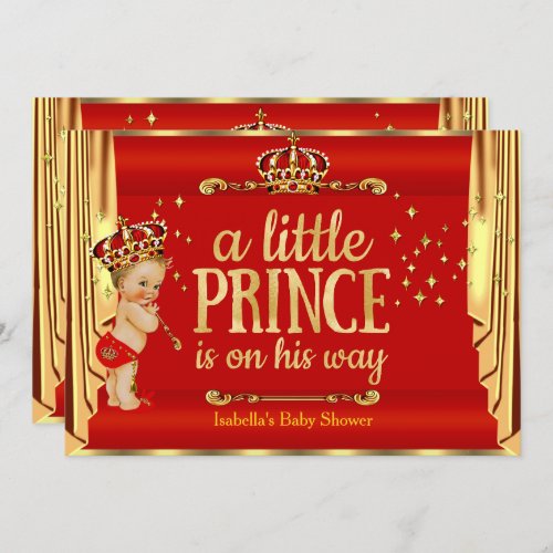 Royal Red Gold Drapes Prince Baby Shower Blonde Invitation