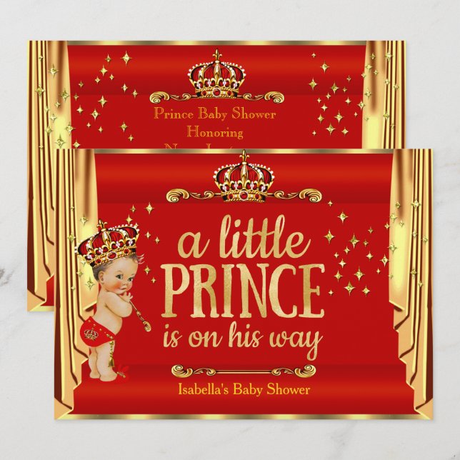 Royal Red Gold Drapes Prince Baby Shower Brunette Invitation (Front/Back)