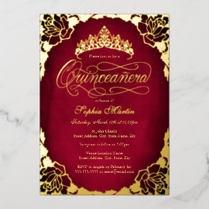 Royal Red Gold Elegant Rose Script Quinceanera Foil Invitation