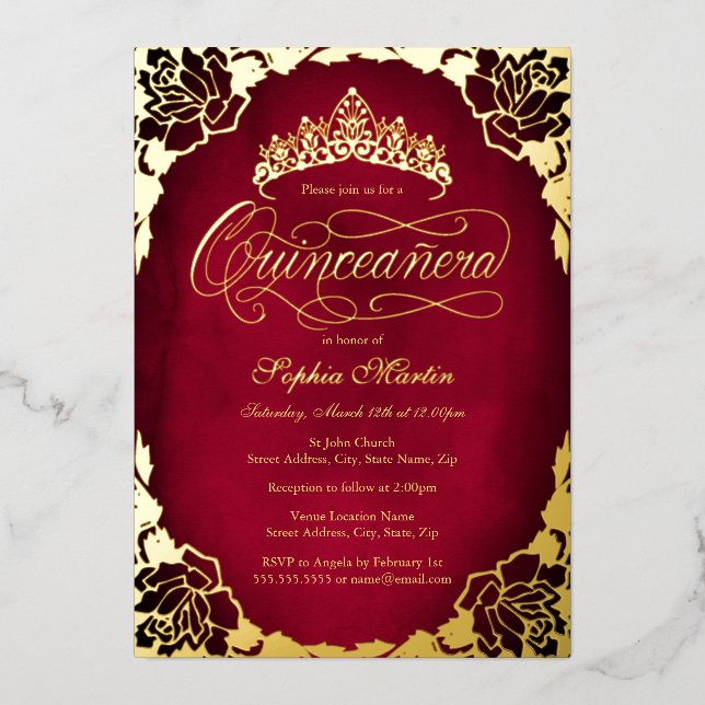 Royal Red Gold Elegant Rose Script Quinceanera  Foil Invitation (Front)